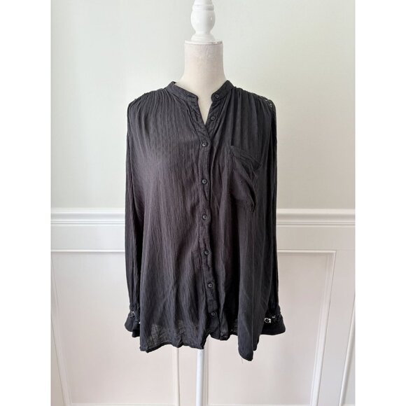 Free People Black Crochet Lace Back Oversized Button Down Blouse L - Picture 3 of 7